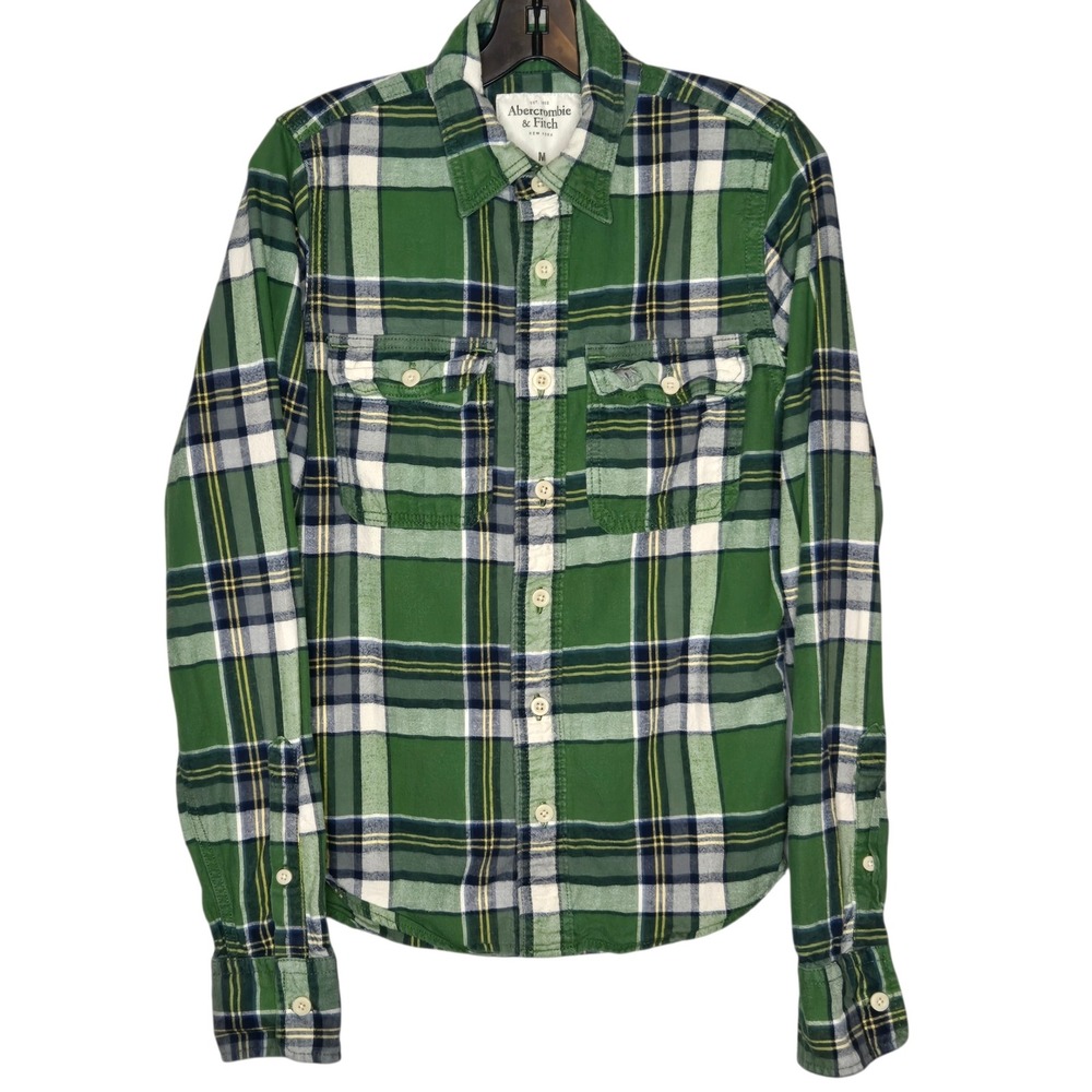 Vintage Y2K Abercrombie & Fitch Mens Medium Green Plaid Flannel Shirt Muscle Fit
